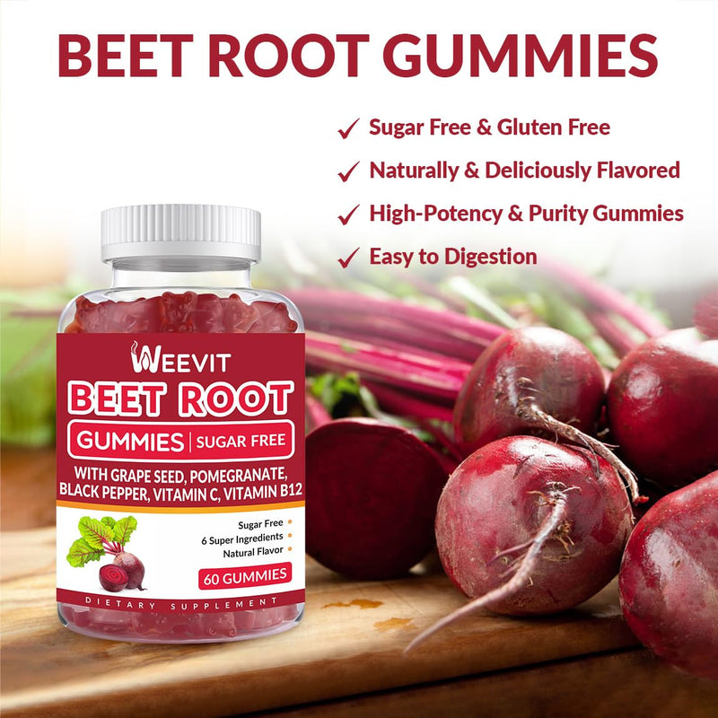 WEEVIT Beet Root Gummies, Nitric Oxide Supplement for Men Women, Beet Chews | Grape Seed, Pomegranate, Black Pepper, Vitamin C, B12 60 Count (Pack of 2)