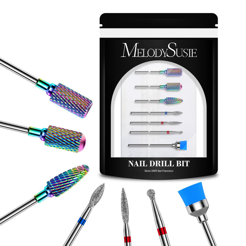 MelodySusie Nail Drill Bits Set, 7pcs Tungsten Carbide Diamond Nail Drill Bits for Acrylic Nails Poly Gel Cuticle Remove, 3/32'' Professional Nail Bits for Nail Drill Efile, Manicure Pedicure Tools 7 Piece Set-Tungsten Colorful