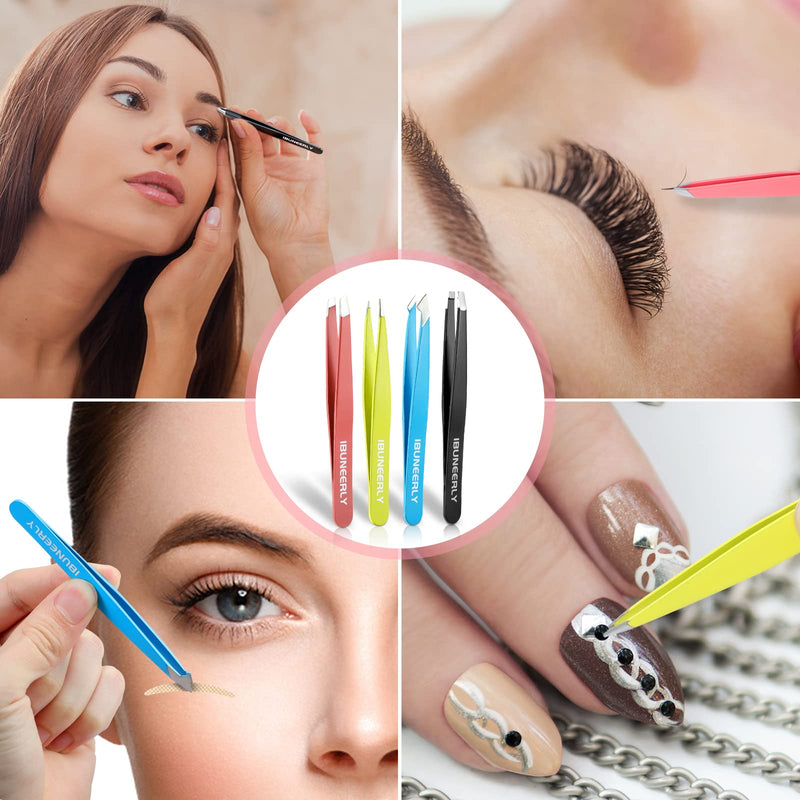 Tweezers Set, 4Pcs Tweezers for Women with Travel Case, Professional Stainless Steel Eyebrows Tweezers, Great Precision Tweezers for Ingrown Hair, Facial Hair, Splinter Removal (Multi-Color) Multi-color - BeesActive Australia