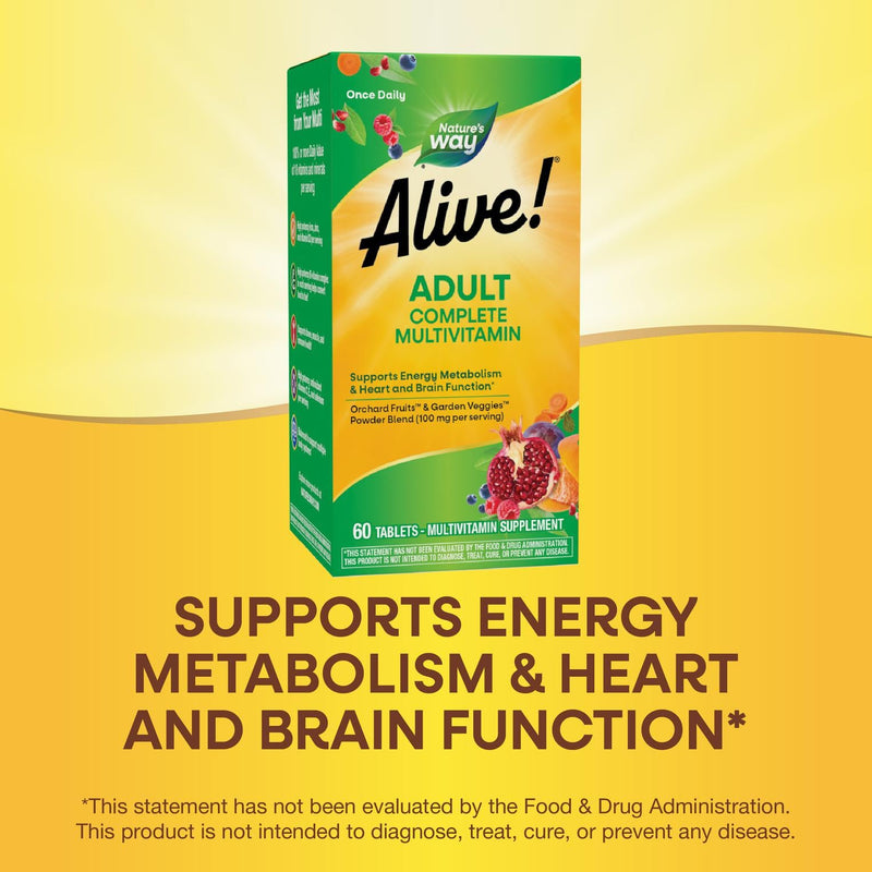 Nature's Way Alive! Adult Complete Multivitamin, B-Vitamins, 100 mg Fruits & Veggies Powder Blend per Serving, Heart, Bone & Immune Support*, Gluten Free, 60 Tablets (Packaging May Vary)