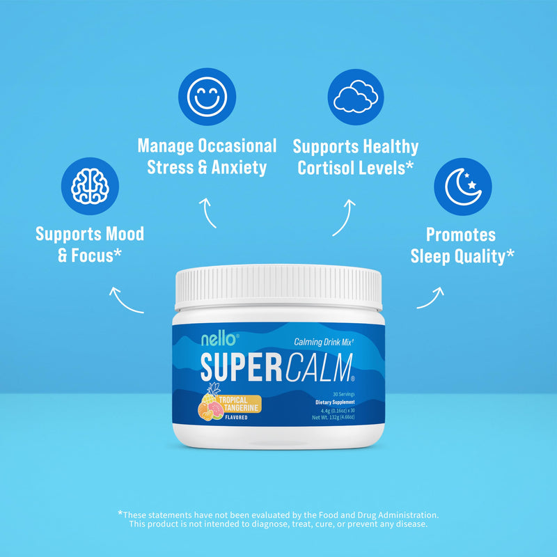Nello Supercalm Powdered Drink Mix Tub, Cortisol Reducer* and Sleep Aid Supplement, L Theanine, Ksm-66 Ashwagandha, Magnesium Glycinate, Vitamin D 3, No Sugar, Non GMO, 30 Ct, Tropical Tangerine 30 Servings (Pack of 1)