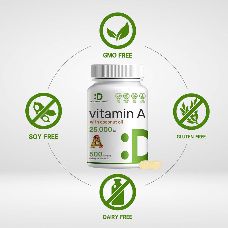 DEAL SUPPLEMENT High Potency Vitamin A 25000 IU, 500 Coconut Oil Softgels | Easily Absorbed, Natural Fish Liver Oil Source – Vitamins for Eye, Immune, & Skin Health – Easy to Swallow, Non-GMO - BeesActive Australia