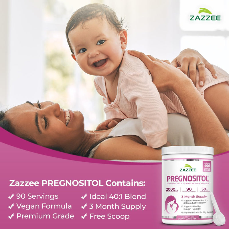 Zazzee PREGNOSITOL Powder, 3 Month Supply, Myo-Inositol & D-Chiro Inositol | 40:1 Fertility Blend, Free Scoop for Exact Dosage, Premium Balanced Formula, 180 Servings, Vegan, All-Natural and Non-GMO 6.51 Ounce (Pack of 1)