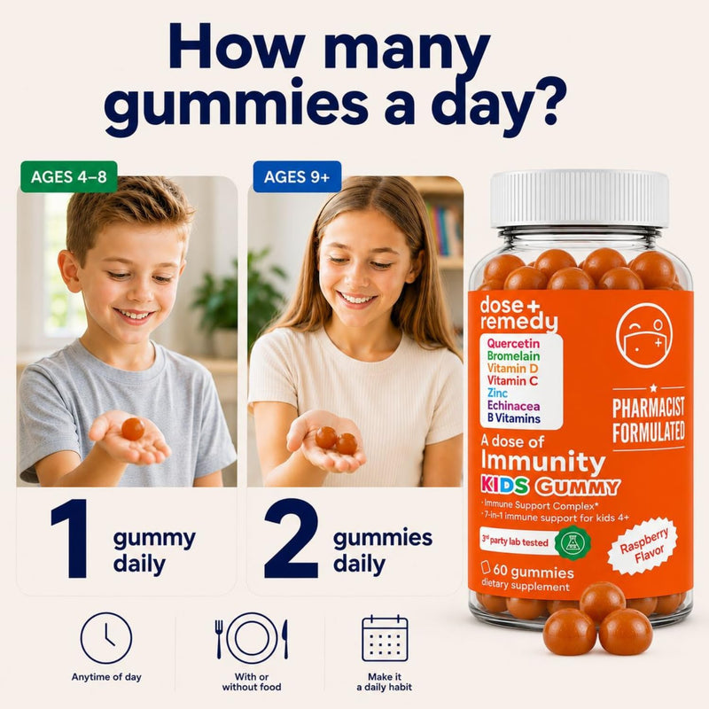 A Dose of Immunity Kids Immune Support Gummies, Quercetin & Zinc 120 Count | 7-in-1 Immune Support for Kids 4+: Quercetin, Bromelain, Vitamin C, D3, Zinc, Echinacea & B Vitamins Vegan Raspberry Gummy 2 Pack Kids (120 Count)