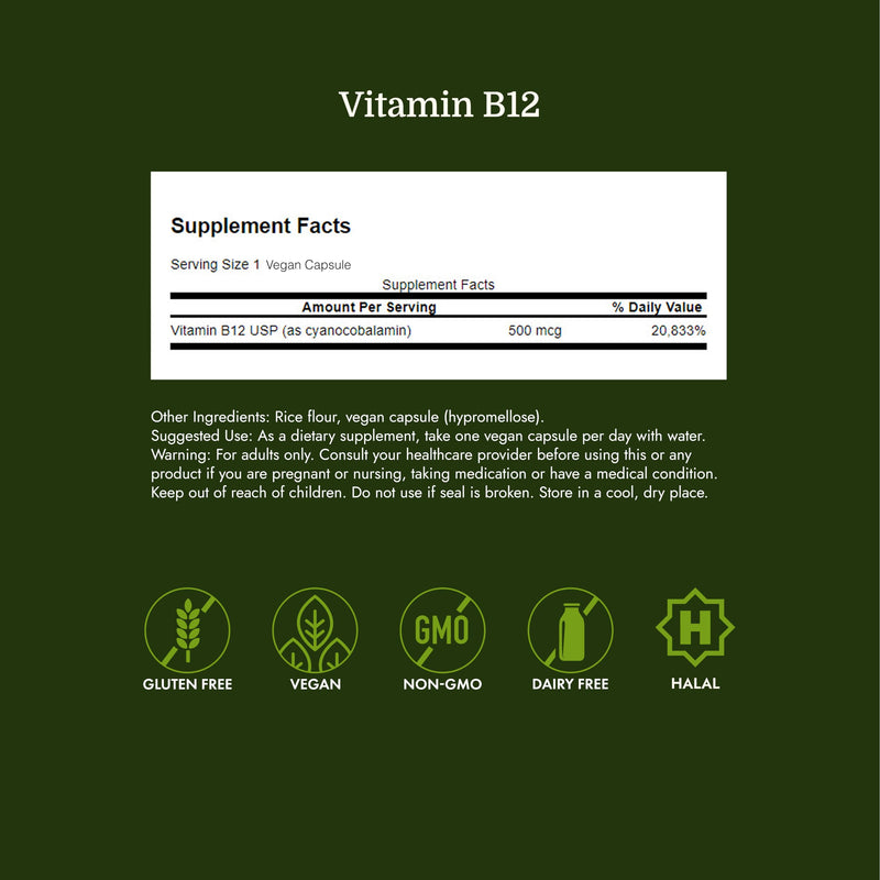 Swanson Vitamin B12 Cyanocobalamin 500 mcg, 250 Vegan Capsules | Aids Nervous System and Cardiovascular Health, Supports Red Blood Cell Production*, Non-GMO and Gluten Free 250 Count (Pack of 1)