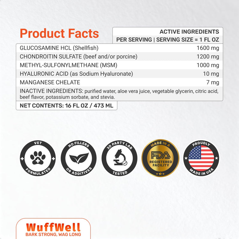 WuffWell Liquid Glucosamine for Dogs Hip & Joint Support with Chondroitin, MSM & Hyaluronic Acid, Dog Joint Supplement for Mobility & Cartilage Health, Easy Pump Dosage, All Breeds, Made in USA, 16oz
