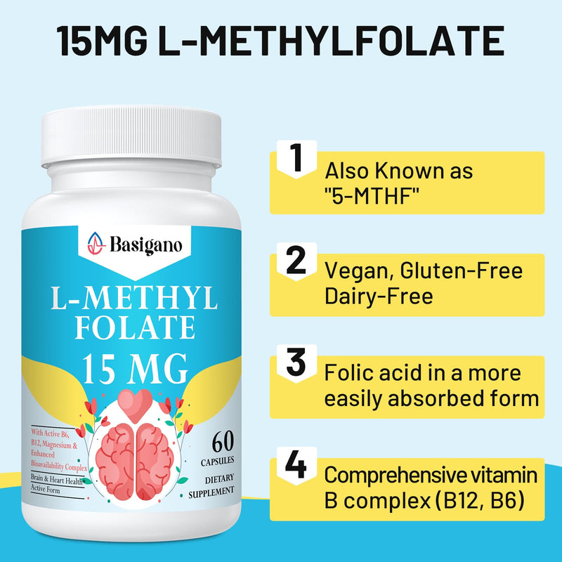 L Methylfolate 15mg (5-MTHF) - Active Folic Acid with B6 and B12 - Vegan, Gluten-Free, Dairy-Free (1 Pack)