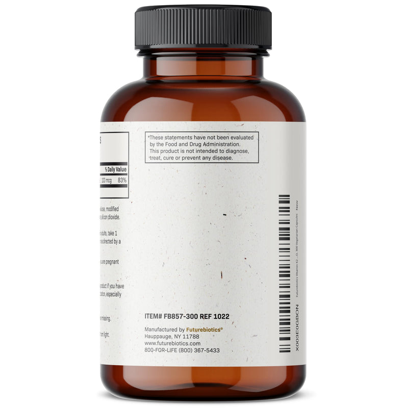 Futurebiotics Vitamin K2 as MK-7 100 mcg, Supports Strong Bones- Non-GMO, 300 Vegetarian Capsules 300 Count (Pack of 1)