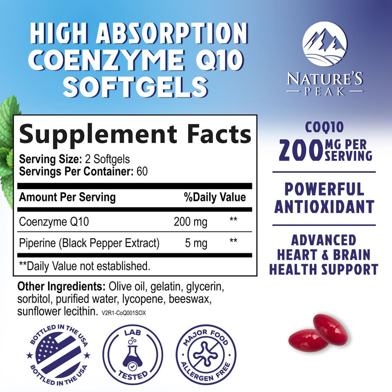 CoQ10 Softgels - 3x Better Absorption Coenzyme Q10 200mg Per Serving - Co Q 10 Softgel Supplement With Black Pepper, Energy & Heart Support Antioxidant for Women & Men, Bottled USA - 120 Softgels 120 Count (Pack of 1)