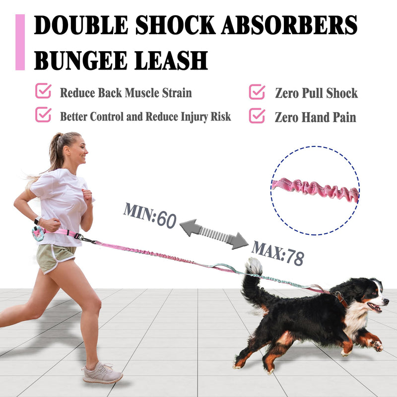 Hands Free Dog Leash with Zipper Pouch, Dual Padded Handles- Adjustable Heavy Duty Bungee Waist Leash Belt for Medium Large Dogs-for Walking Running Hiking (25-120 lbs, Green Pink) 05-Green Pink - BeesActive Australia