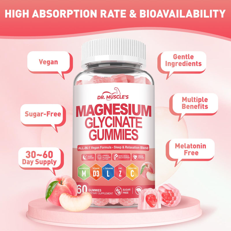 Magnesium Glycinate Gummies - Magnesium Gummies Complex for Kids & Adults | 421mg Magnesium - L-Threonate, Vitamin D3, Zinc, CoQ10, L-Theanine, Sugar-Free, Relaxation & Sleep Support, 60 Peach Gummies
