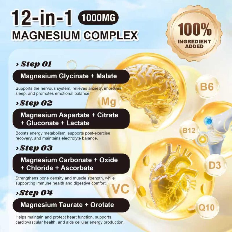 2 Packs Liposomal 1400mg Magnesium Complex (Citrate, Glycinate, Malate etc) Capsule - 12 Active Types Magnesium with Vitamin D3, B6, B12, C, Ashwagandha & CoQ10 for Women & Men -Support Bone & Muscle 120 Count (Pack of 2)