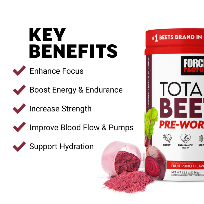 FORCE FACTOR Total Beets Pre-Workout Powder to Boost Energy & Endurance, Increase Strength, and Improve Blood Flow and Pumps, Nitric Oxide Supplement with Beet Root Powder, Fruit Punch, 30 Servings - BeesActive Australia