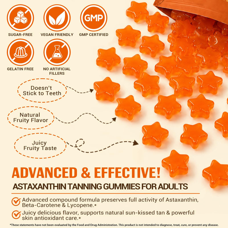 Tanning Gummies, Sunless Tanning Supplement for Women and Men, with Beta Astaxanthin, Carotene, Lycopene, Collagen & Vitamins | Skin Radiance & Hydration | Vegan & Sugar Free - 60 Count Orange
