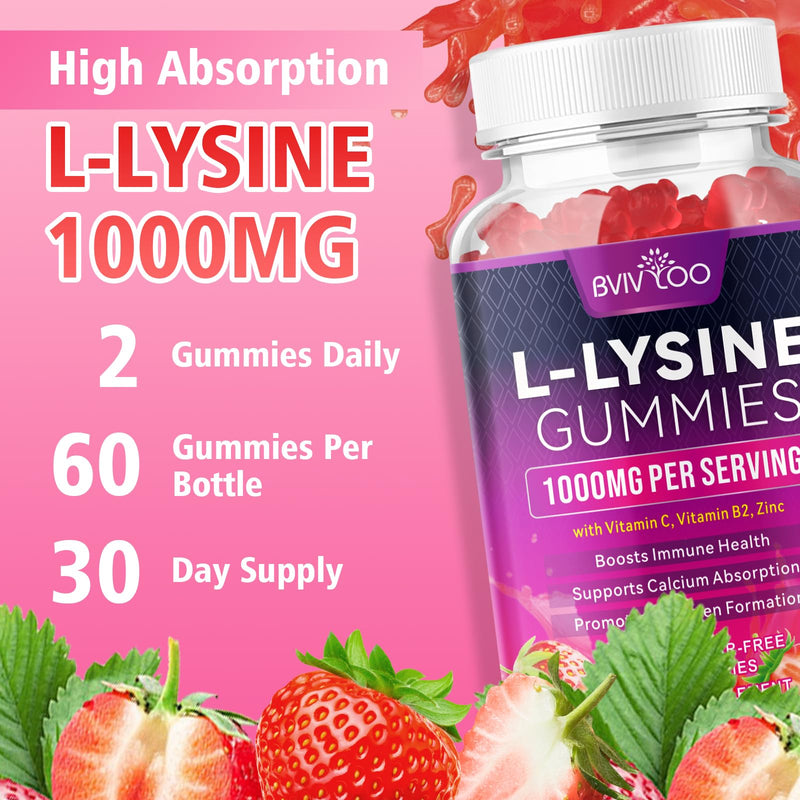 2 Pack L-Lysine 1000mg Gummies for Immune Support & Skin Health - High Potency Vegan Gummies, Sugar-Free, Natural Berry Flavor, Gluten-Free Chewable Supplement for Adults & Kids - 120 Gummiess 2pack