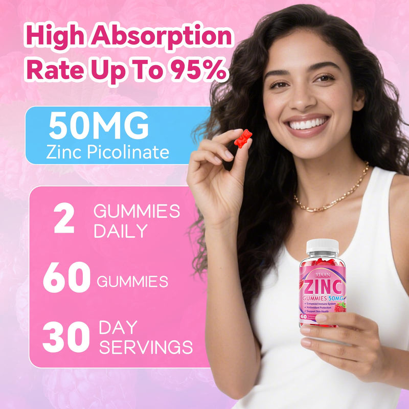 Zinc Picolinate Gummies 50mg for Kids & Adults, Chewable Zinc Supplements for Women & Men Supports Immune System & Cellular Health & Antioxidant, Vegan/Sugar-Free, Raspberry Flavor 60 Count 60 Count (Pack of 1)