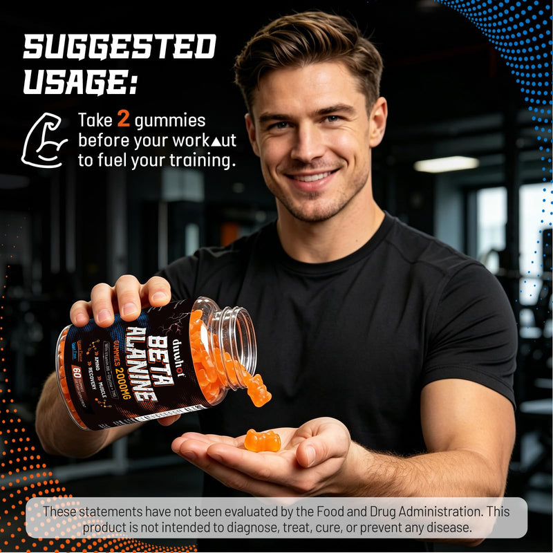 Beta Alanine Gummies 2000mg for Muscle Recovery, Sugar-Free, Vegan, 120 | 4-in-1 Amino Supplements with Glycine, TMG & Vitamin B6 for Adults, Orange Flavor, 60 Chews 60 Count (Pack of 2)