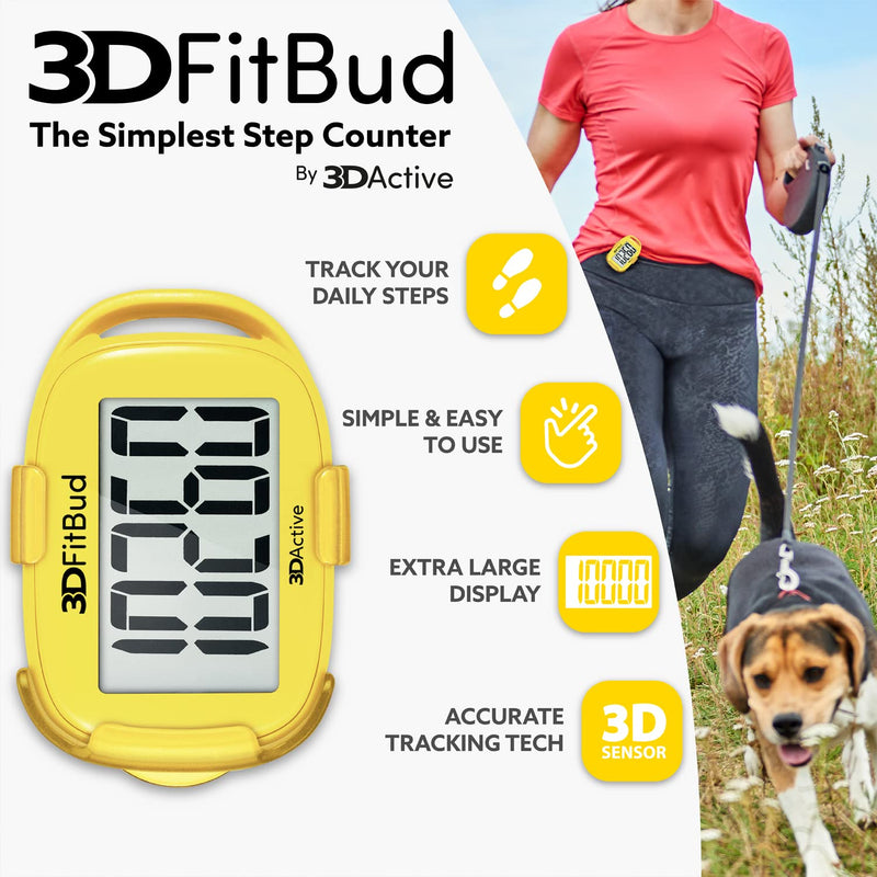 3DFitBud Simple Step Counter Walking 3D Pedometer by 3DActive with Clip, Lanyard Accurate Step Tracker Large Display, Easy to Use for Kids Men Women Adult Seniors Daily Step Tracking - A420S Yellow