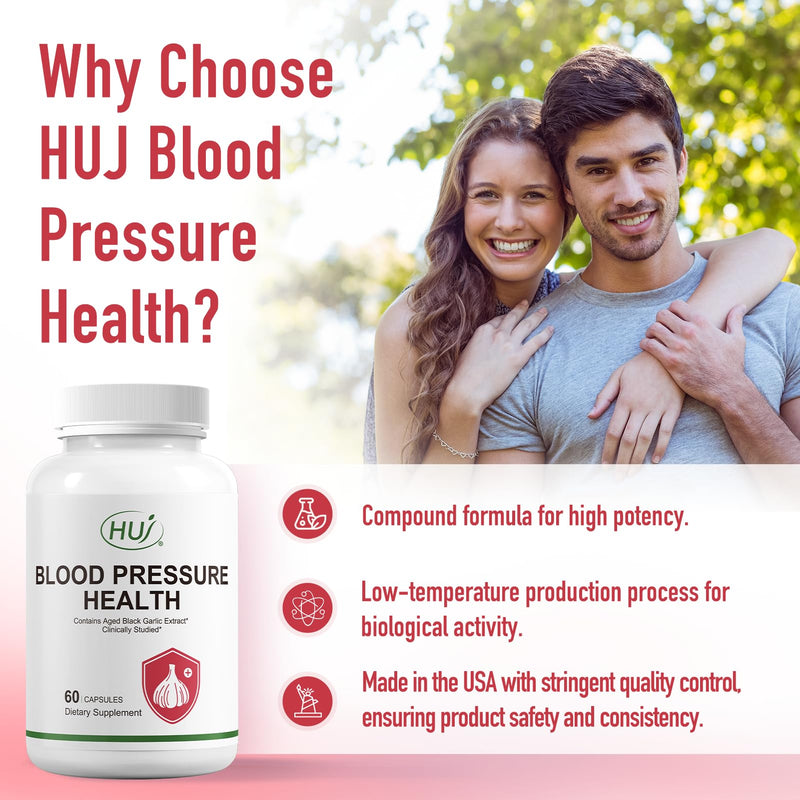 HUJ Blood Pressure Health Supplement, Plant-Based Formula with Black Garlic, Hawthorn, Beetroot, L-Arginine, L-Citrulline, 60 Capsules