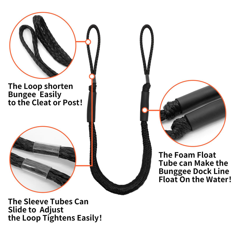 NewDoar 4 Pack Bungee Dock Lines Mooring Rope 2200LBS Boat Dock Anchor Line with Side Foam Floats for Sailboat, PWC, Kayak, Wooden Boat,Surfboard, Watercraft Accessories(4FT,Black) Black-4 feet-4pcs - BeesActive Australia