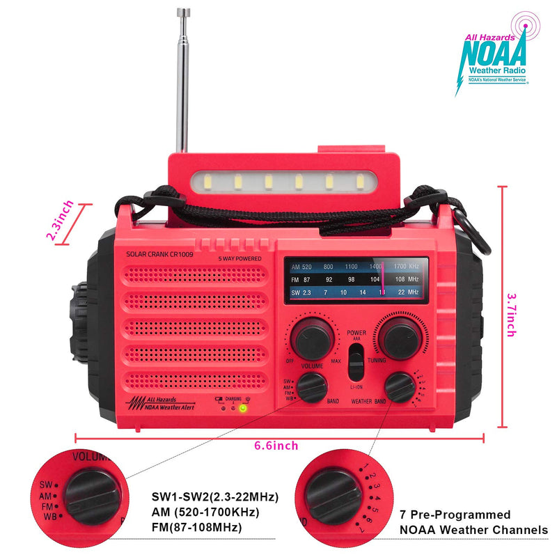Weather Radio NOAA Alert with Battery Backup 18500mWh, Portable AM FM Shortwave Radio Solar Hand Crank, Flashlight Cellphone Charger, SOS Alarm, Compass, Headphone Jack for Home Outdoor Emergency Red