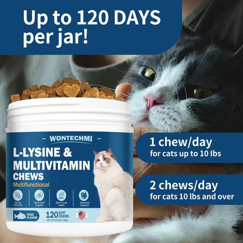L-Lysine Supplement for Cats, Cat Vitamins for Sneezing, Runny Nose, Cold, Immune Support, Eye Function and Respiratory Health, Natural Lysine Cat Treats (120 Chews, Tuna) 120 Chews