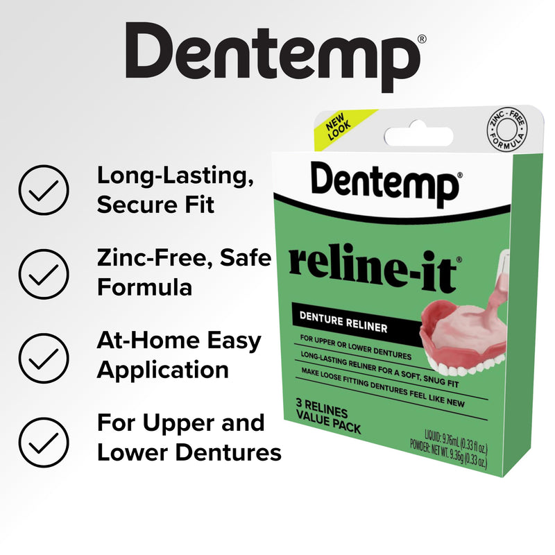 Dentemp Denture Reline Kit Value Pack - Advanced Formula Reline It Denture Reliner - Denture Kit to Refit and Tighten Dentures for Both Upper & Lower Denture - 3 Relines (Packaging May Vary) 1 Pack (3 Relines)