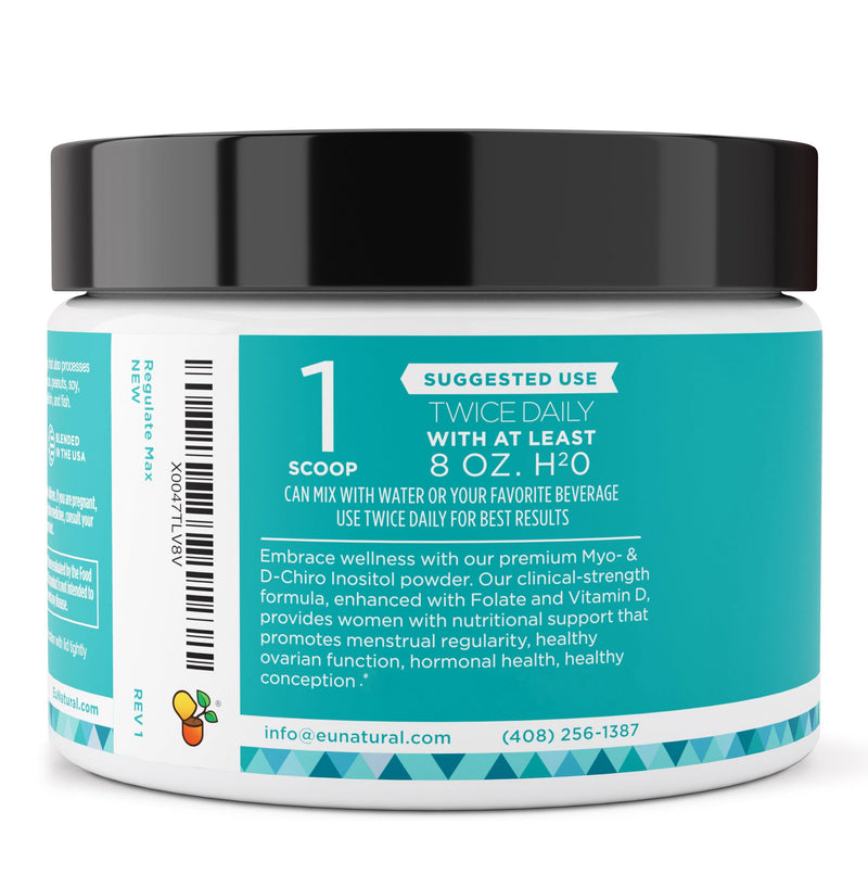 Eu Natural Regulate MAX Myo-Inositol & D-Chiro Inositol Supplement Powder for Women with Vitamin D & Folate Nutritional Support, Hormone Balance & Fertility Support, Unflavored 60 Servings - BeesActive Australia