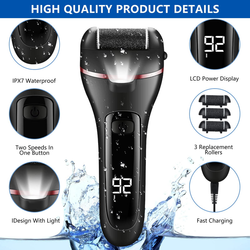zikillya® Electric Foot Callus Remover, 16 Pack Foot File Pedicure Kit Tools,Waterproof Foot Scrubber Dead Skin Remover with 3 Roller Heads & 2-Speed Power Pedicure Tools for Feet Hands Heel (Black) Black - BeesActive Australia