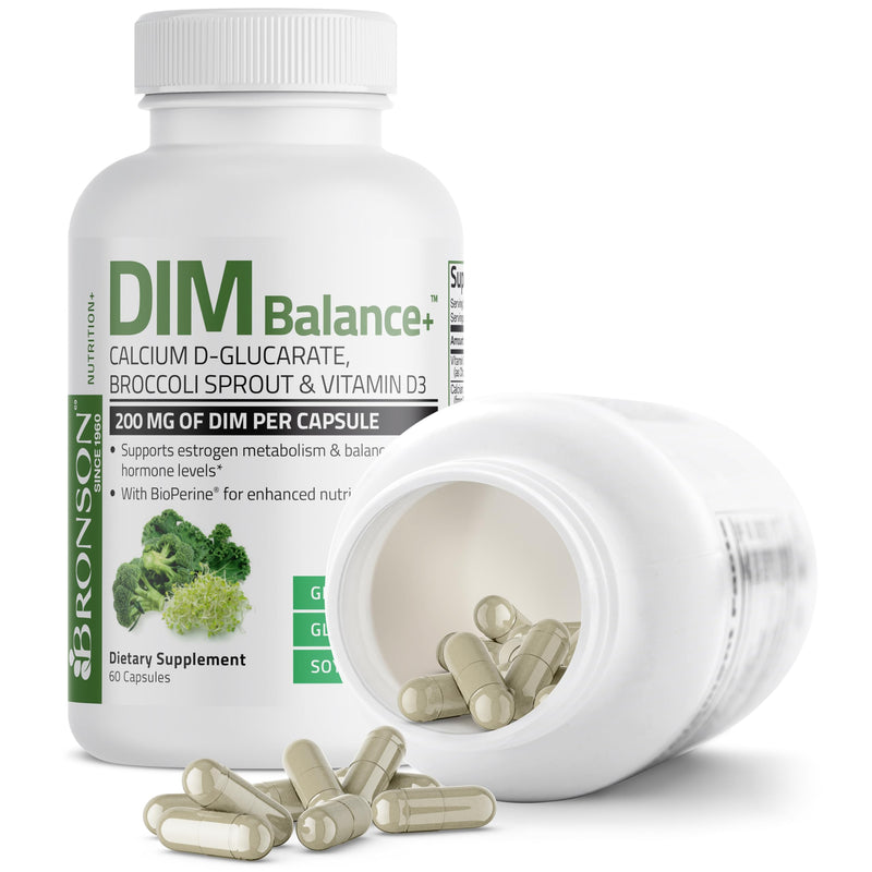 Bronson DIM Balance+ 200 mg & Calcium D-Glucarate, 60 Vegetarian Capsules | Broccoli Sprout, Vitamin D3 & BioPerine, Estrogen Metabolism & Balanced Hormone Support, Non-GMO, Gluten-Free & Soy-Free 60 Count (Pack of 1)