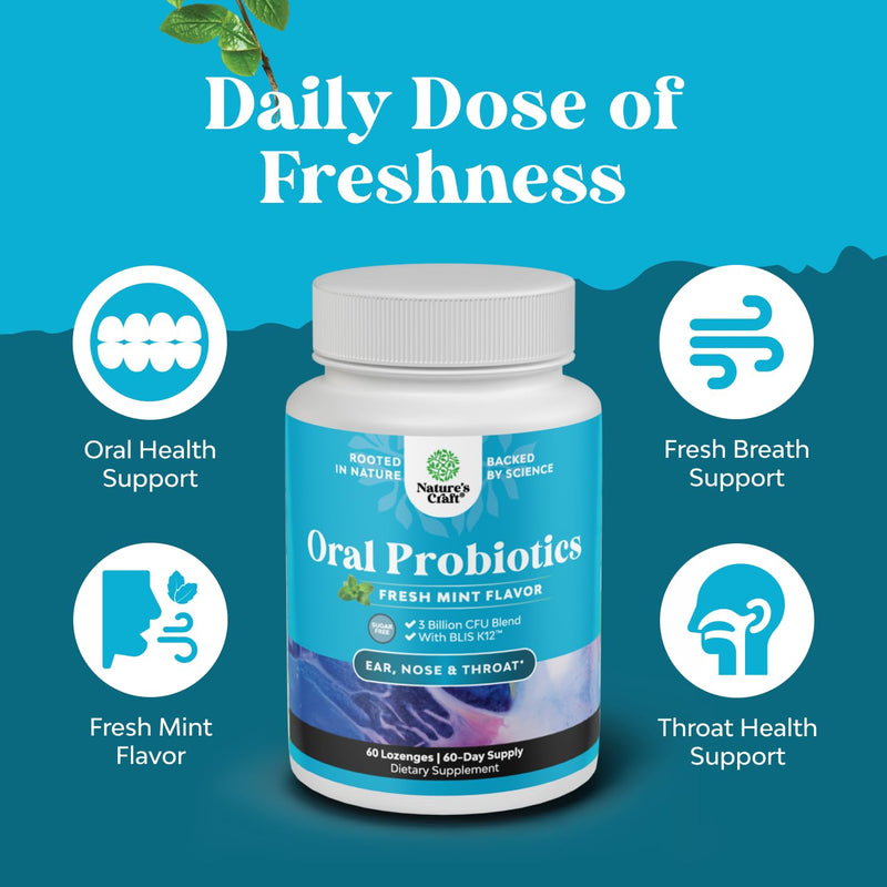 Oral Probiotics for Teeth and Gums - Minty Fresh BLIS K12 Oral Probiotics for Mouth Bad Breath Dry Mouth and Dental Health Support with 3 Billion CFU - Chewable Xylitol Lozenges Mint Flavor (60 Count) 60 Count (Pack of 1)