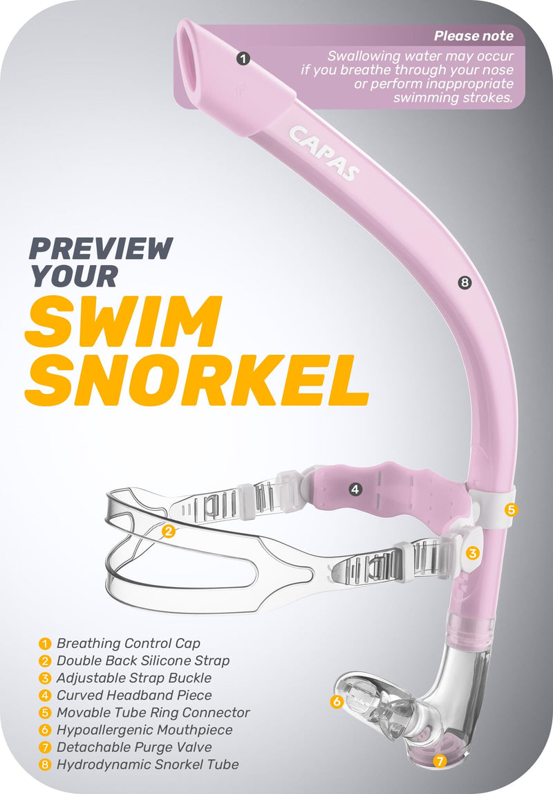 CAPAS Training Swim Snorkel for Lap Swimming, Swivel Headband Ultimate Fit Center-Mount Swimmers Snorkel with Liquid Silicone Mouthpiece Adjustable Strap, Designed for Adult Men Women Pink White - BeesActive Australia