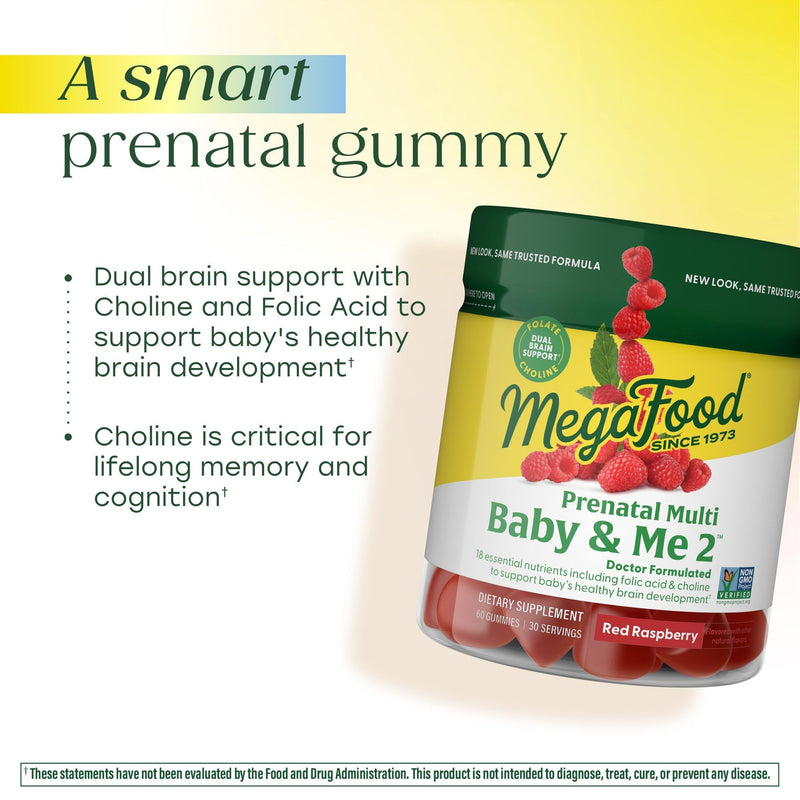 MegaFood Baby & Me 2 Prenatal Gummies, 18 Nutrients, Red Raspberry, 60 Ct | Doctor Formulated with Folic Acid and Choline for Baby's Brain Development, Plus Real Fruit, Non-GMO, Vegetarian, 30 Servings 60 Count (Pack of 1)