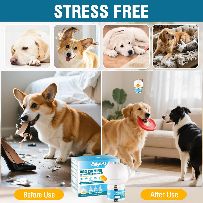 Dog Calming Pheromone Diffuser 4-In-1 Appeasing Pet Pheromone Calming Diffuser Kit (Plug in + 3 Pack 48ml Refill) for Anxiety Relief, Reduce Barking, Aggression & Stress, 90 Day Supply (Tasteless) A