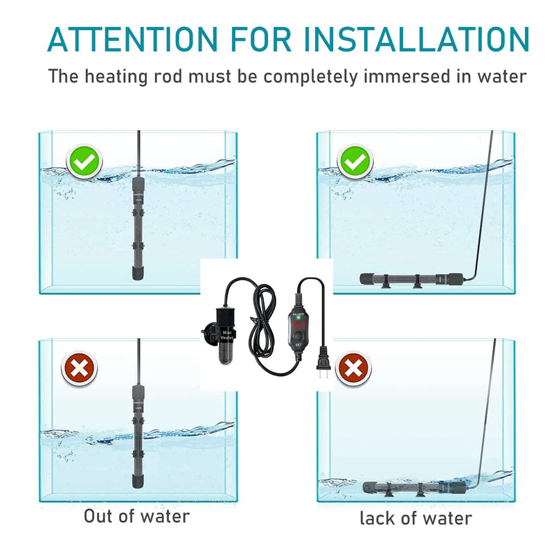 Mini Submersible Aquarium Heater, 10/20/25/50/100/150 Watts Adjustable Fish Tank Heater, Built-in Thermometer, External Temperature Controller, Smart Memory, Used for 1-60 Gallons (10W Plug) 10W PLUG - BeesActive Australia