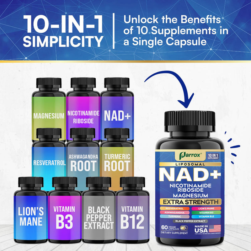 NAD+ Supplement, Liposomal Nicotinamide Riboside, 10-in-1 Strength, 3 Pack | Nicotinamide Riboside, Magnesium, Vitamins B3 & B12, Resveratrol, Turmeric, Ashwagandha & Lion's Mane 60 Count (Pack of 3)