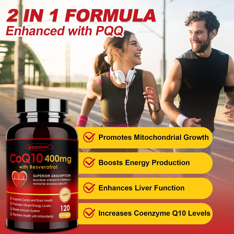 ZEBORA CoQ10-400mg with Trans-Resveratrol, PQQ & Vitamin E - High Absorption Coenzyme-Q10 with BioPerine - Powerful Antioxidant for Heart & Energy-Production,120 Veggie Capsules (Pack of 2) 120 Count (Pack of 2)