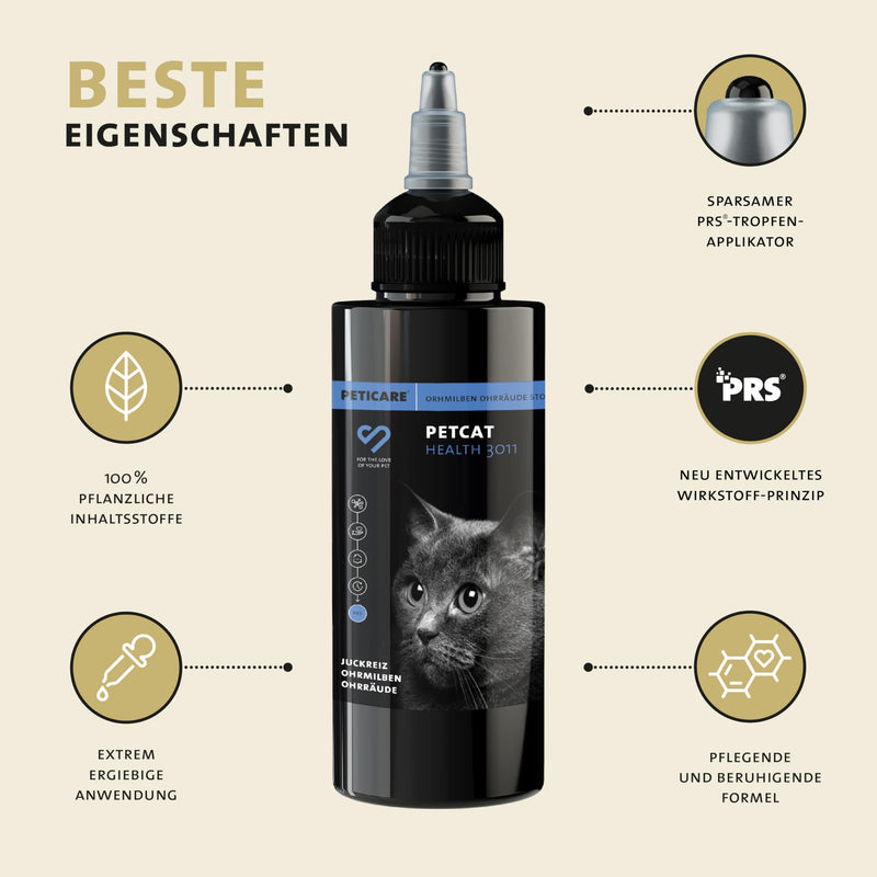 Peticare anti-parasite agent for cat ears | Against ear mites mange fungi | relieves itching & promotes regeneration process | unique PRS® system for long effects - petCat Health 3011 50 ml - BeesActive Australia