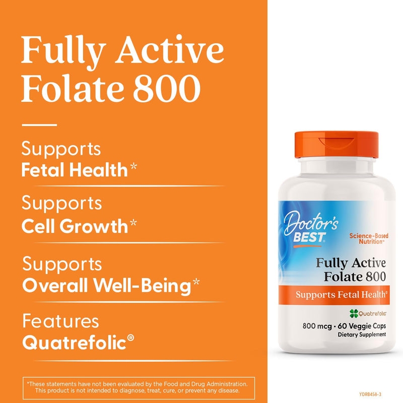 Doctor's Best Folate Supplement 800 mcg for Women & Men - Methylated Folate Capsules 800mcg (5-MTHF), Supports Healthy Fetal Brain Development, Fully Active - 60 Veg Caps 800 mg