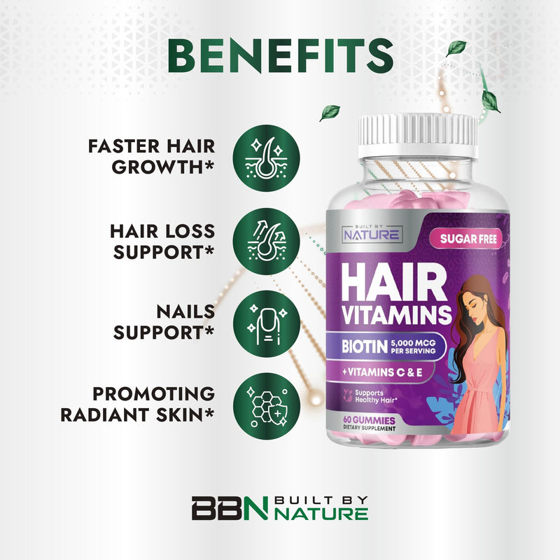 Built by Nature Hair Skin and Nails Gummies for Women, 60 Count | Biotin for Hair Growth, Hair, Skin & Nail Support, Vitamin Supplement