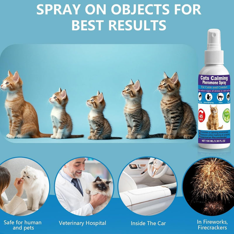 Cat Calming Pheromone Spray for Stress & Anxiety Relief – Reduces Scratching, Urine Spraying, Hiding – Drug-Free & Vet Recommended – Feline Calm Spray with F3 Facial Pheromone 2 * 100mL 8.9oz Blue