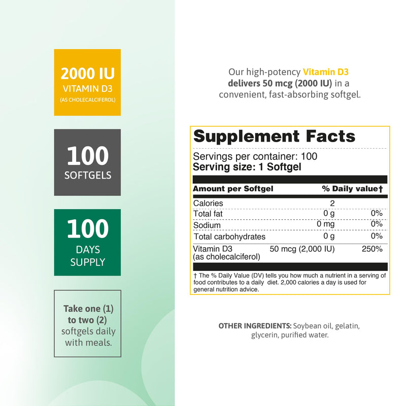 Vitamin D3 2000 IU Softgels Immune Bone Muscle Support 100 Count