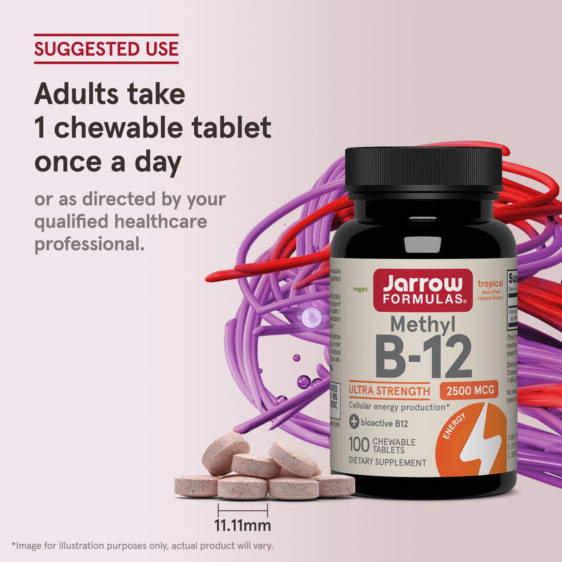 Jarrow Formulas Methyl Vitamin B12 2500 mcg, 100 Chewable Tablets, Tropical Flavored- Bioactive B12 Vitamin - Supports Cellular Energy Production, Brain Health & Metabolism - 100 Servings (Pack of 2) 100 Count (Pack of 2)