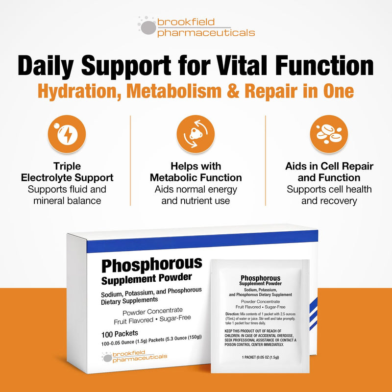 Phosphorus Supplements 100 Packets, Dietary Supplements Powder with Sodium Phosphate and Potassium Phosphate, Fruit Flavored Phosphorous Supplement Powder for Electrolyte, Bone Health & Kidney Health