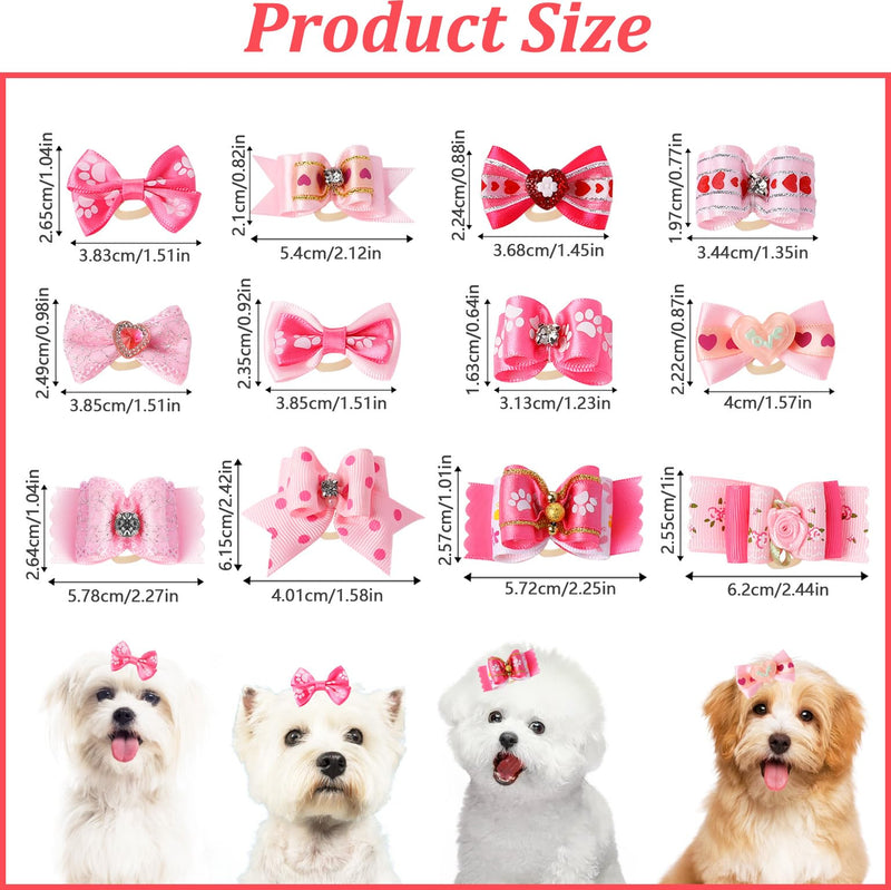 12Pcs Dog Hair Bows, Puppy Bows for Small Size Dog 1.8 Inch Cute Dog Bows Handmade Pink Dog Bows with Rubber Bands Rhinestones Small Dog Hair Accessories for Puppy Kitten Pet Hair Grooming Accessories - BeesActive Australia