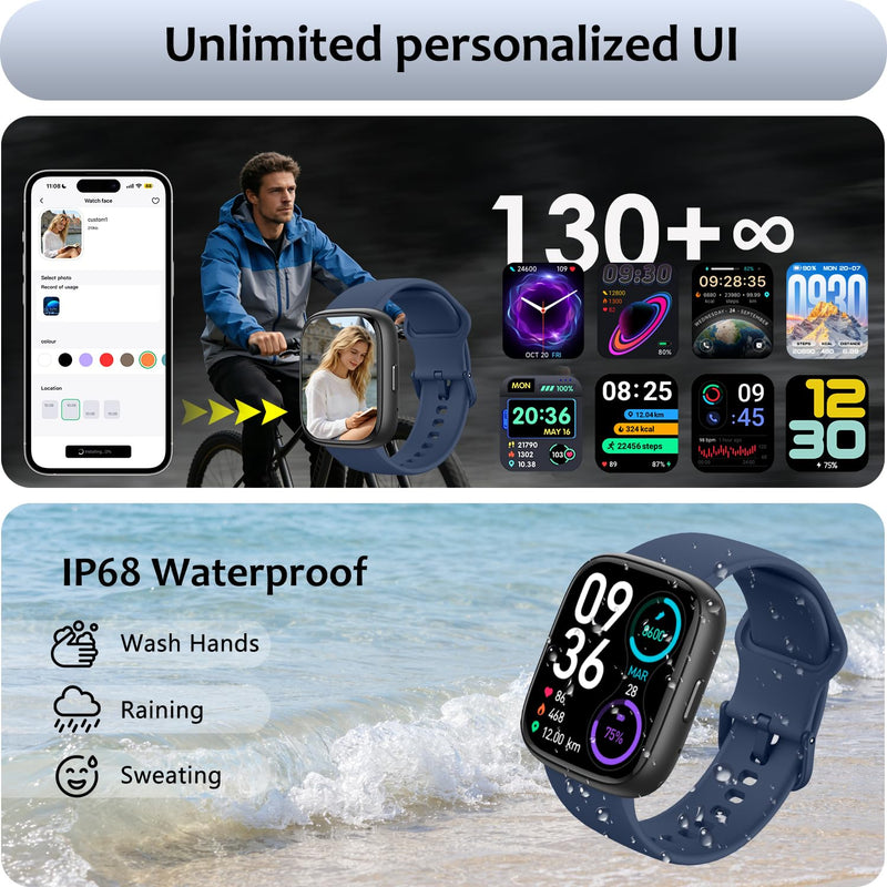 Smart Watch (Answer/Make Call) for iPhone&Android, 1.83" Smartwatches with Sleep Monitor Heart Rate Activity Tracking, IP68 Waterproof, Fitness Tracker 100+Sport, Reloj Inteligente 30 Day+Battery Life Blue - BeesActive Australia