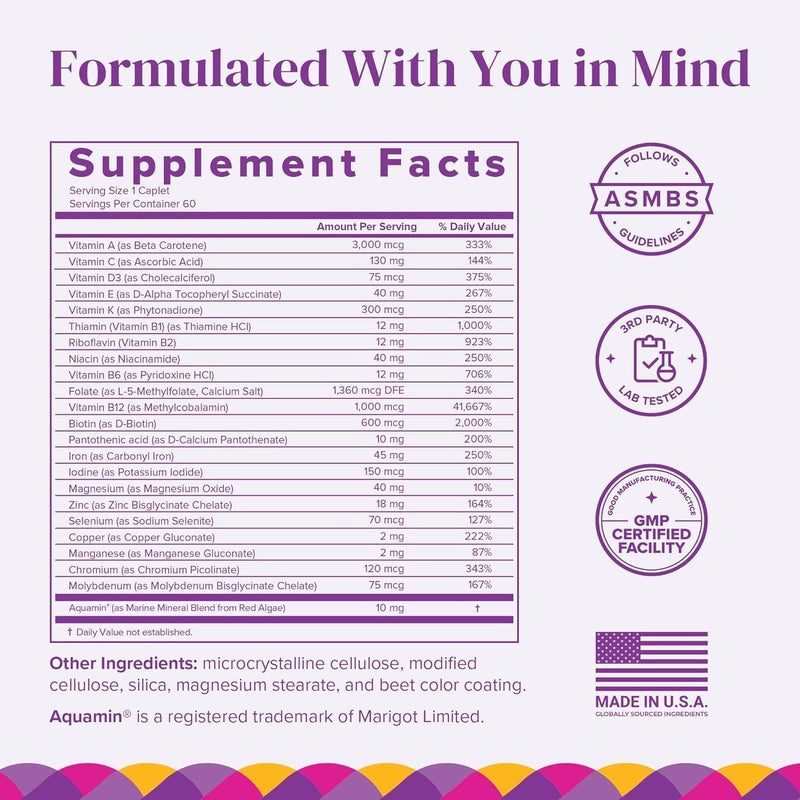 BariMelts Once Daily Bariatric Multivitamin with Iron, 60 Easy-Swallow Caplets (2-Month Supply), Multivitamin for Women, Multimineral Complex, Supports Nutrition After Bariatric Surgery 60 Count (Pack of 1)