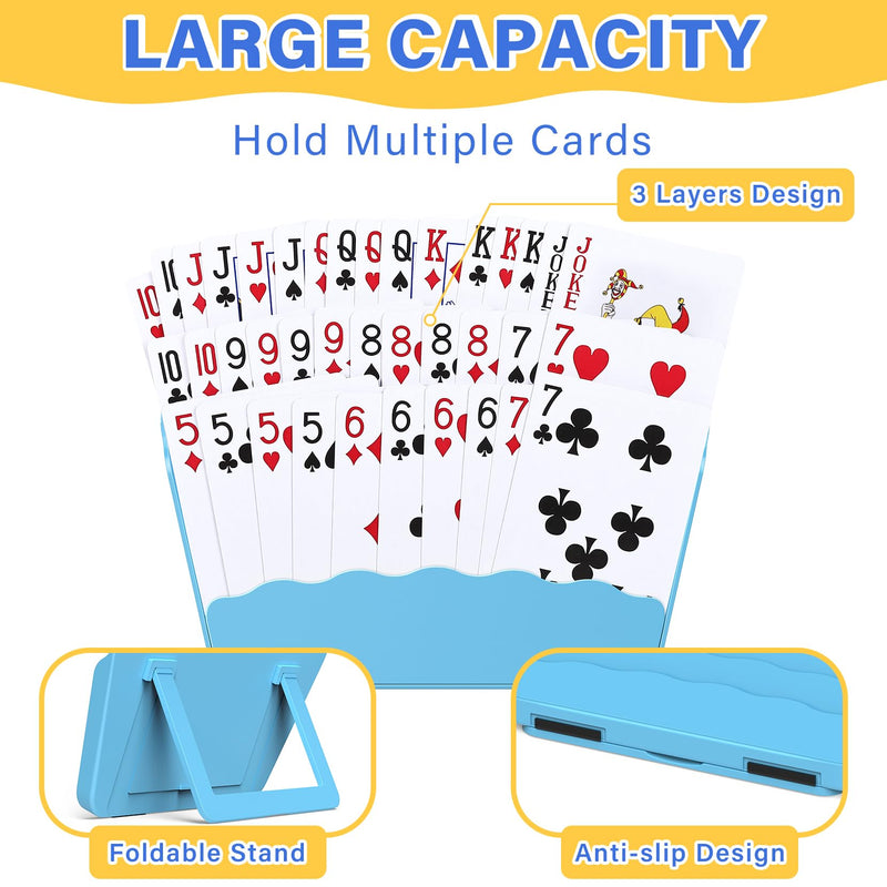Playing Cards Holders Stands Decks w/Foldable Tabletop Stand, 3 Layers Design for Poker UNO Cards, Playing Card Accessories, Set of 2 (1 Blue + 1 Yellow) 1 Blue + 1 Yellow - BeesActive Australia