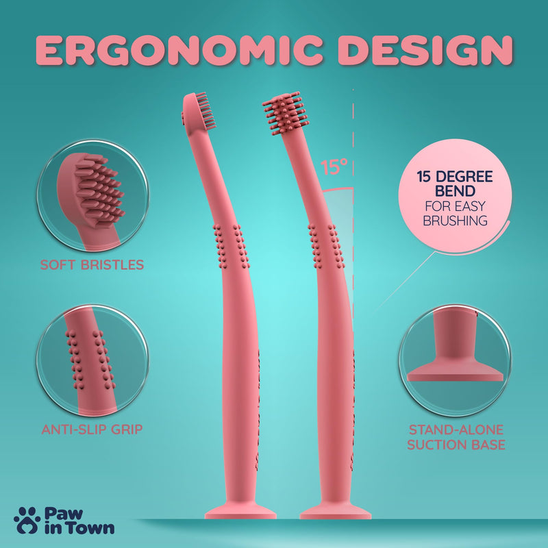 PAWINTOWN Soft Cat Toothbrush Set – Suitable for Dogs – Food Grade Silicone – Dental Care, Teeth Cleaning, Tooth Brushing Kit (Blushing Flamingo)