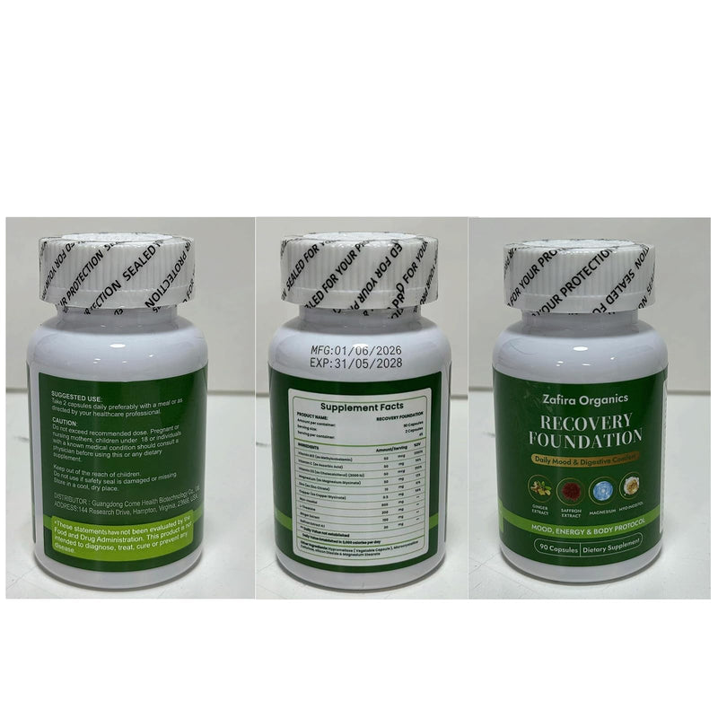 Zafira Organics,Zafira Recovery Foundation,90 Capsules (1pcs) | with Saffron Extract,Ginger Extract L-Theanine Myo-Inositol,Daily Energy & Focus,Digestive Comfort 1pcs
